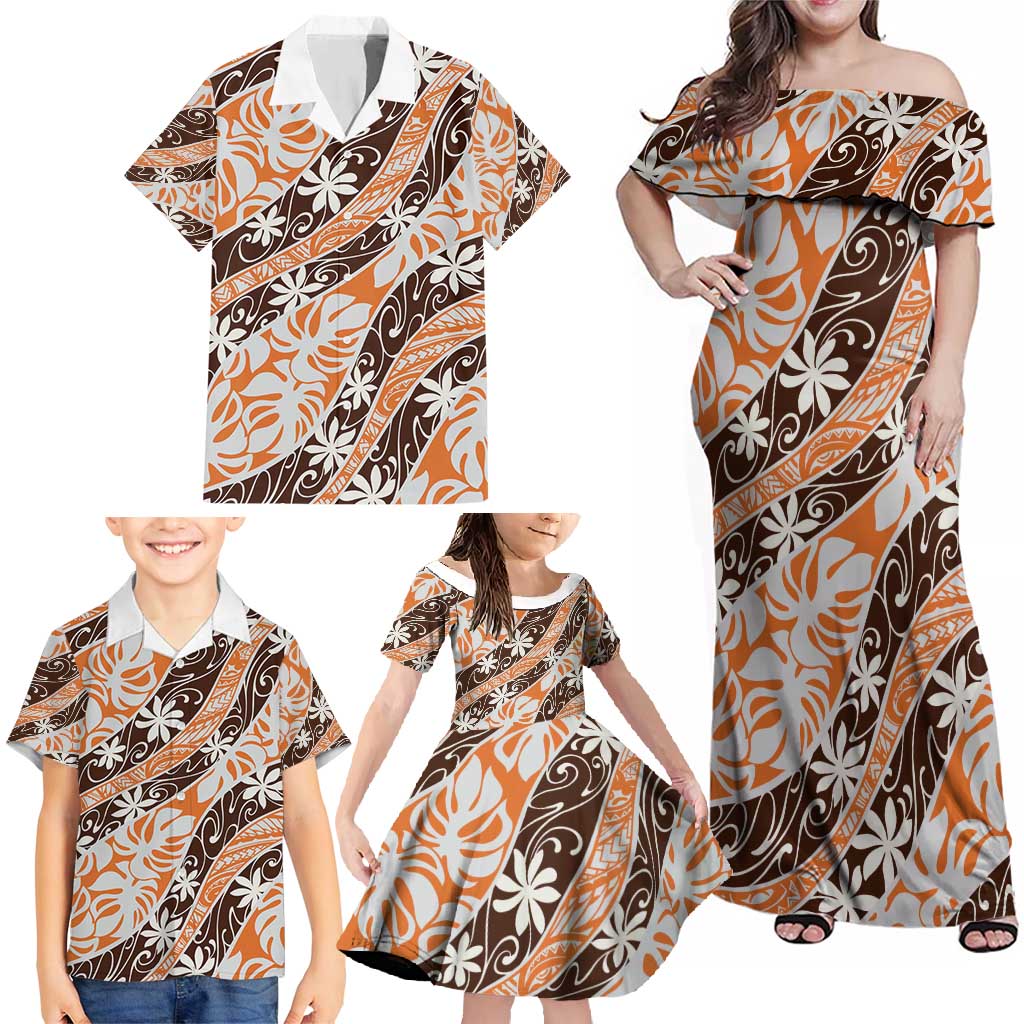 Puatou Tahiti Tiare Monstera Family Matching Off Shoulder Maxi Dress and Hawaiian Shirt Polynesian Pattern Curve Style - Polynesian Pride