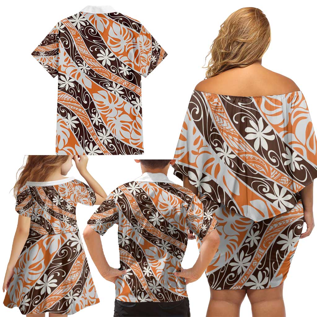 Puatou Tahiti Tiare Monstera Family Matching Off Shoulder Short Dress and Hawaiian Shirt Polynesian Pattern Curve Style - Polynesian Pride