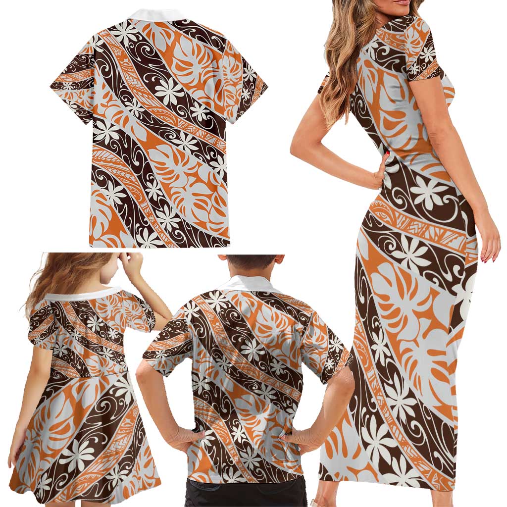 Puatou Tahiti Tiare Monstera Family Matching Short Sleeve Bodycon Dress and Hawaiian Shirt Polynesian Pattern Curve Style - Polynesian Pride