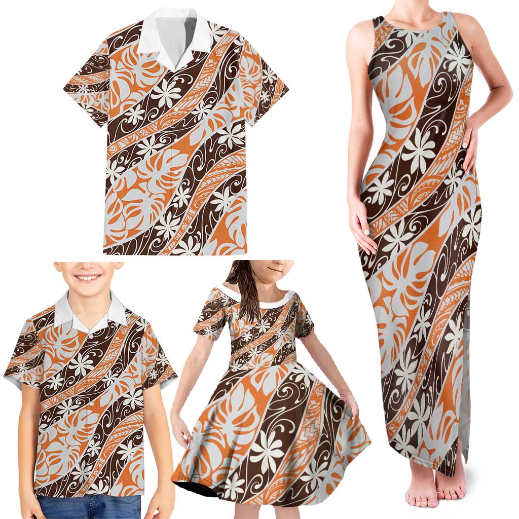 Puatou Tahiti Tiare Monstera Family Matching Tank Maxi Dress and Hawaiian Shirt Polynesian Pattern Curve Style - Polynesian Pride