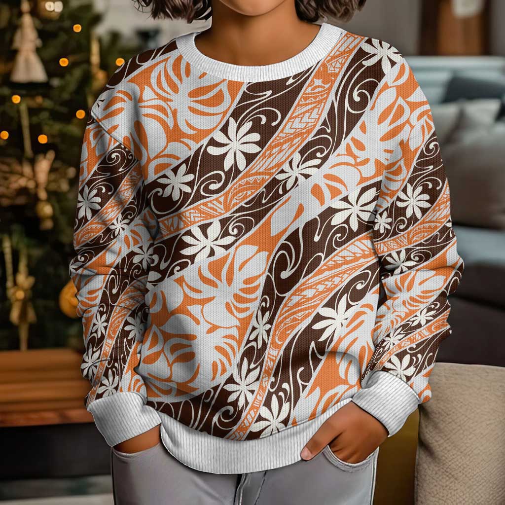 Puatou Tahiti Tiare Monstera Kid Ugly Christmas Sweater Polynesian Pattern Curve Style - Polynesian Pride