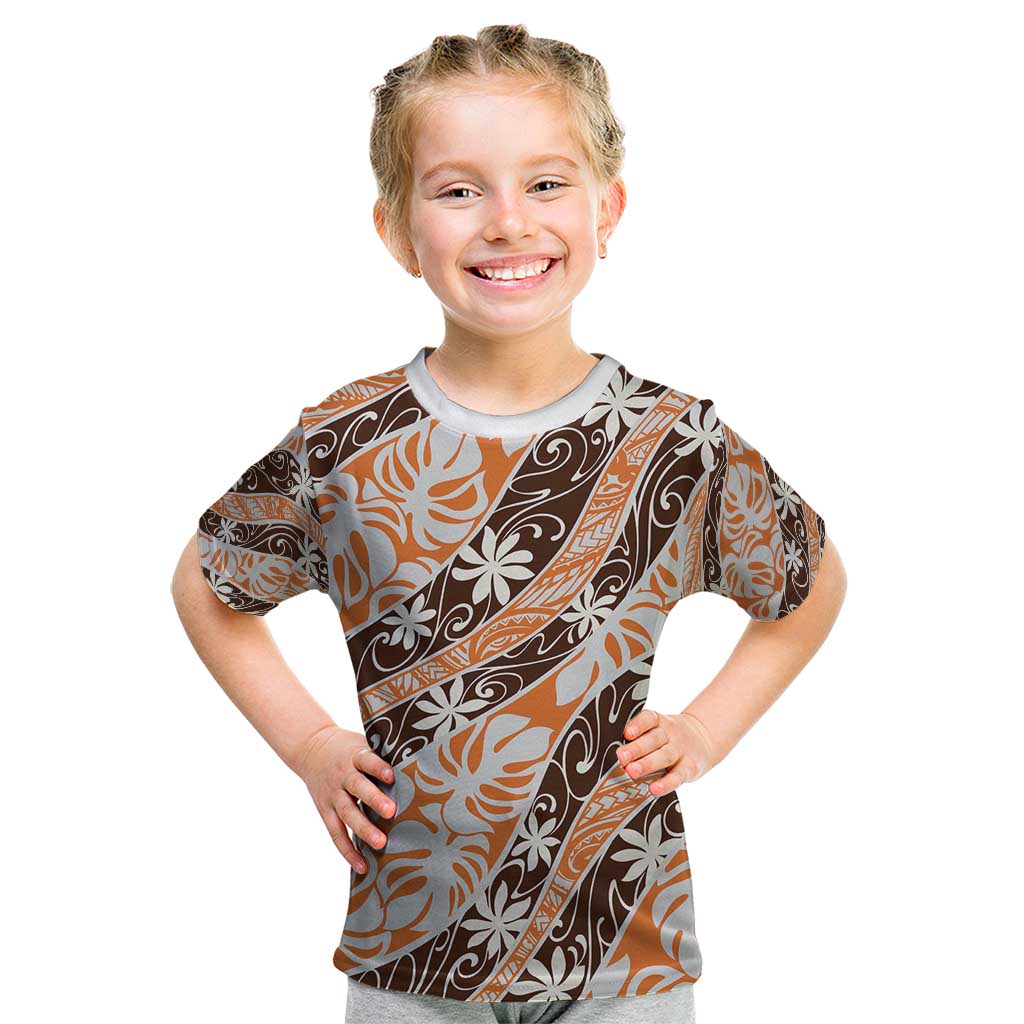 Puatou Tahiti Tiare Monstera Kid T Shirt Polynesian Pattern Curve Style - Polynesian Pride