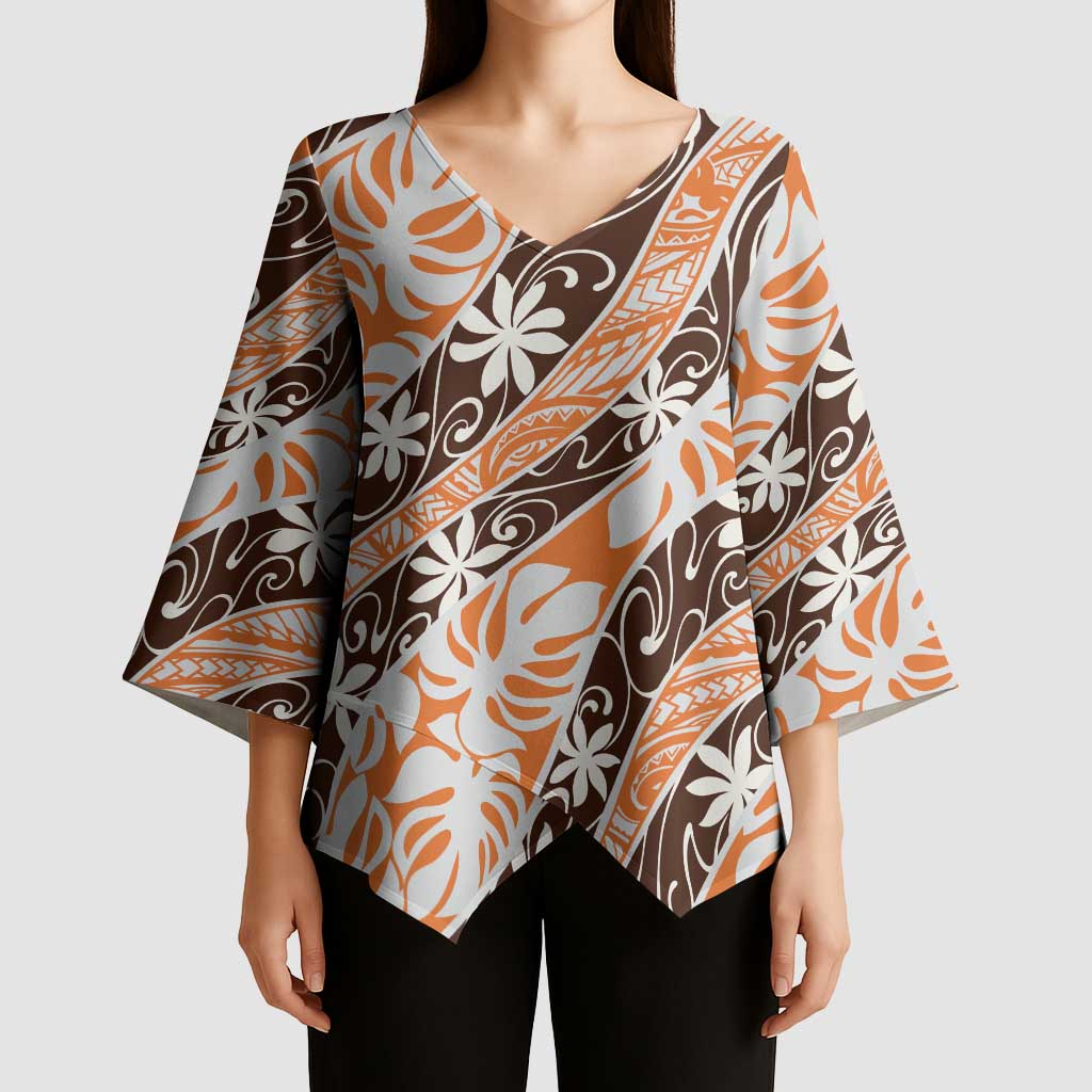 Puatou Tahiti Tiare Monstera Kimono Sleeve Blouse Polynesian Pattern Curve Style - Polynesian Pride