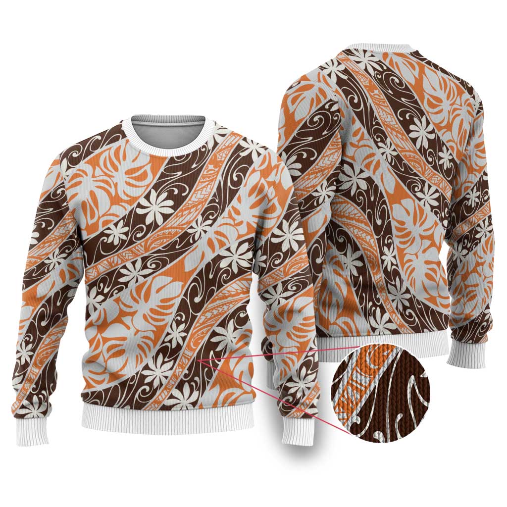 Puatou Tahiti Tiare Monstera Ugly Christmas Sweater Polynesian Pattern Curve Style - Polynesian Pride