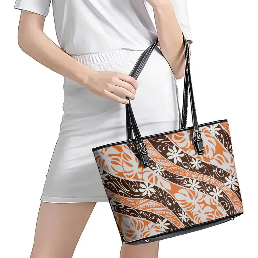 Puatou Tahiti Tiare Monstera Leather Tote Bag Polynesian Pattern Curve Style - Polynesian Pride