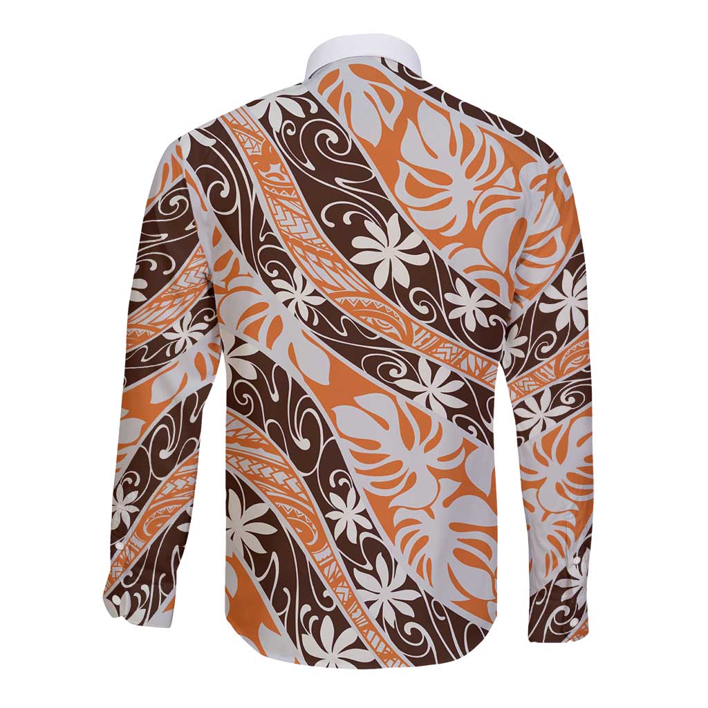 Puatou Tahiti Tiare Monstera Long Sleeve Button Shirt Polynesian Pattern Curve Style - Polynesian Pride