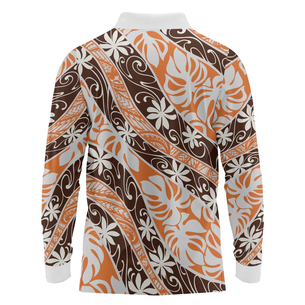 Puatou Tahiti Tiare Monstera Long Sleeve Polo Shirt Polynesian Pattern Curve Style - Polynesian Pride
