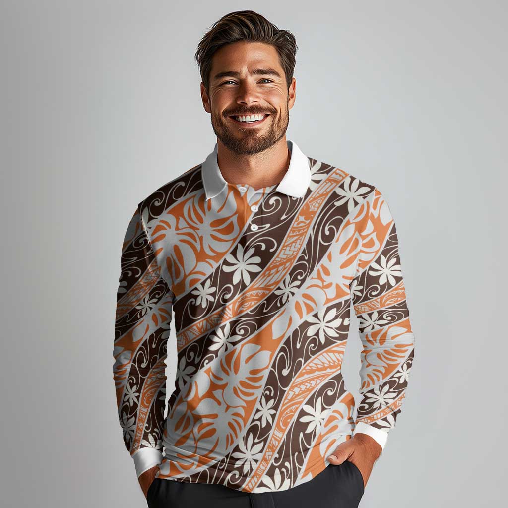 Puatou Tahiti Tiare Monstera Long Sleeve Polo Shirt Polynesian Pattern Curve Style - Polynesian Pride