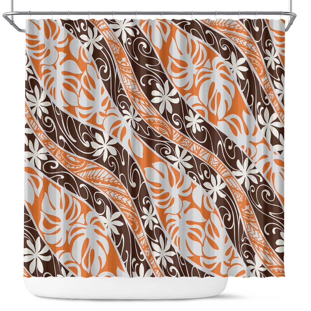 Puatou Tahiti Tiare Monstera Shower Curtain Polynesian Pattern Curve Style - Polynesian Pride