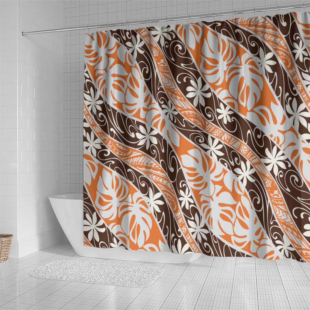 Puatou Tahiti Tiare Monstera Shower Curtain Polynesian Pattern Curve Style - Polynesian Pride