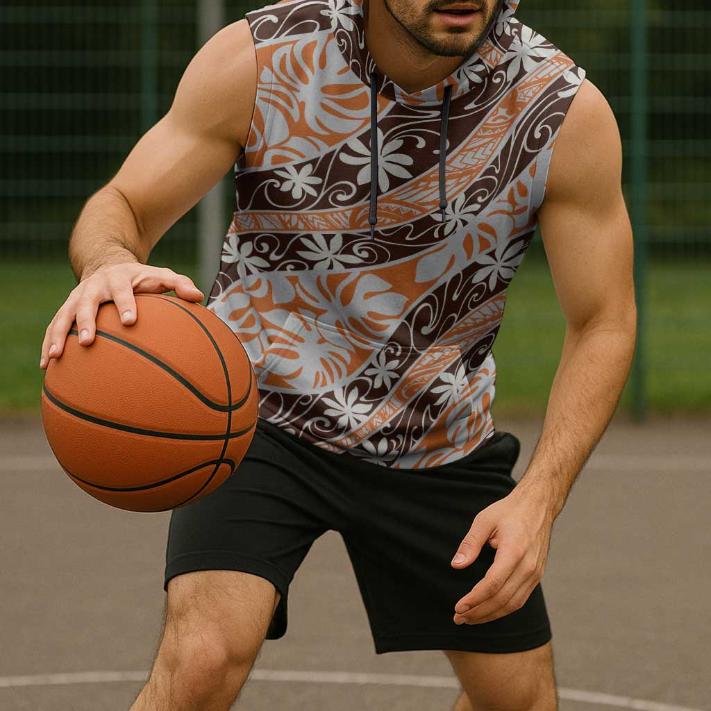 Puatou Tahiti Tiare Monstera Sleeveless Hoodie Polynesian Pattern Curve Style LT01 - Polynesian Pride