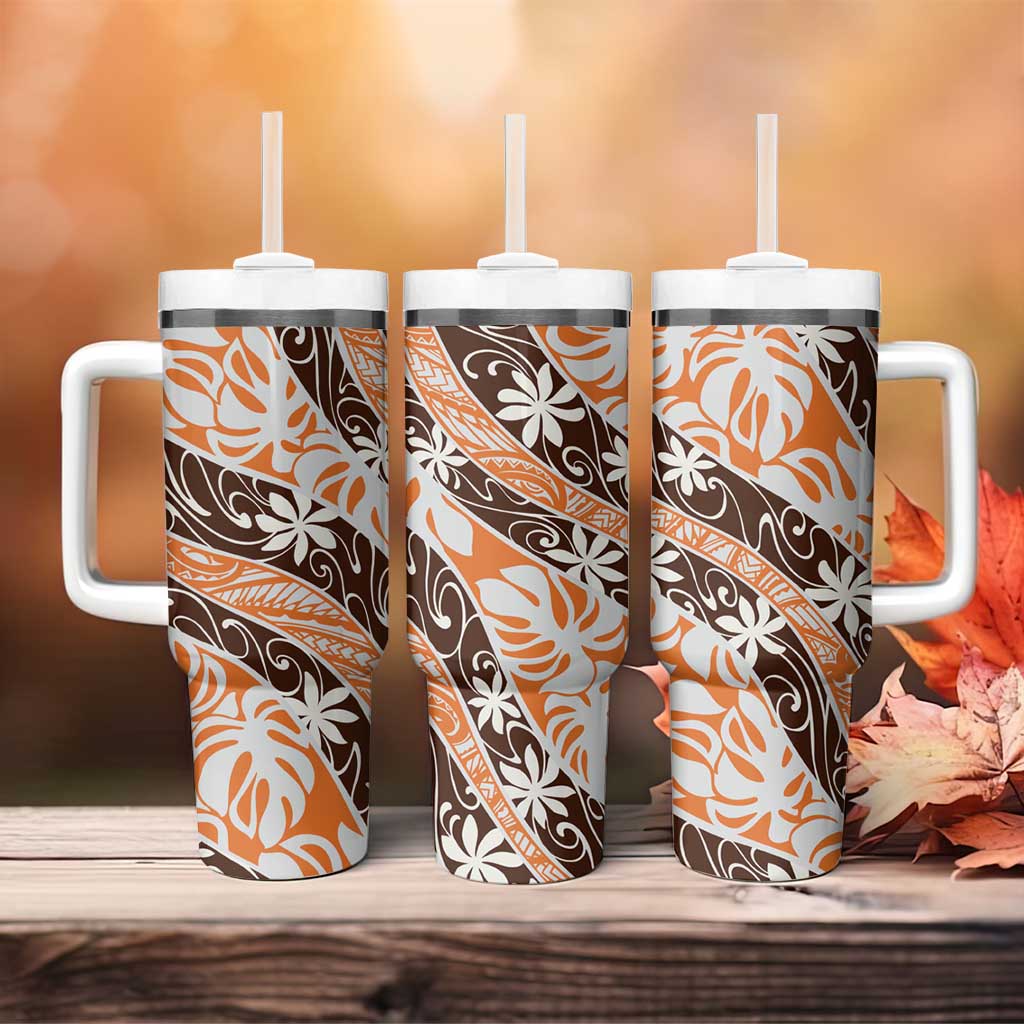 Puatou Tahiti Tiare Monstera Tumbler With Handle Polynesian Pattern Curve Style - Polynesian Pride