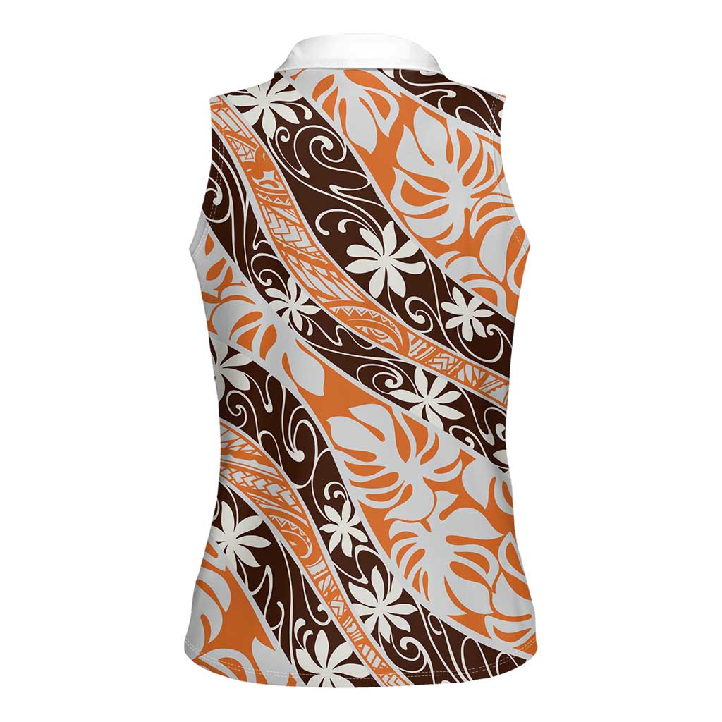 Puatou Tahiti Tiare Monstera Women Sleeveless Polo Shirt Polynesian Pattern Curve Style - Polynesian Pride