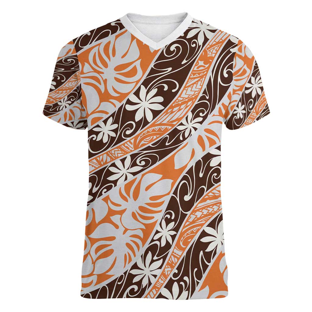 Puatou Tahiti Tiare Monstera Women V-Neck T-Shirt Polynesian Pattern Curve Style - Polynesian Pride