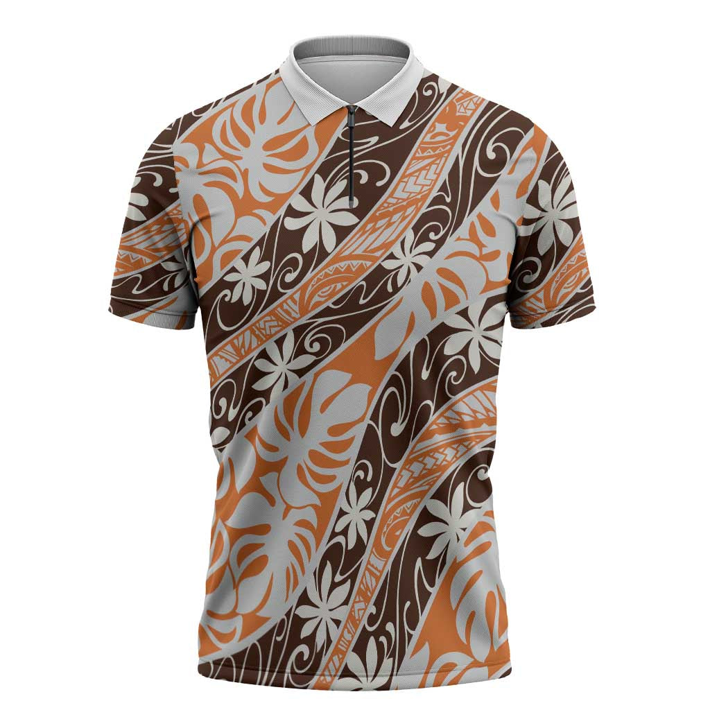 Puatou Tahiti Tiare Monstera Zipper Polo Shirt Polynesian Pattern Curve Style LT01 Orange - Polynesian Pride