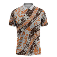 Puatou Tahiti Tiare Monstera Zipper Polo Shirt Polynesian Pattern Curve Style LT01 Orange - Polynesian Pride
