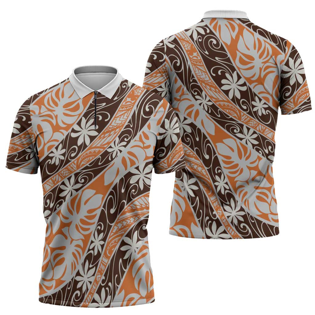 Puatou Tahiti Tiare Monstera Zipper Polo Shirt Polynesian Pattern Curve Style LT01 - Polynesian Pride