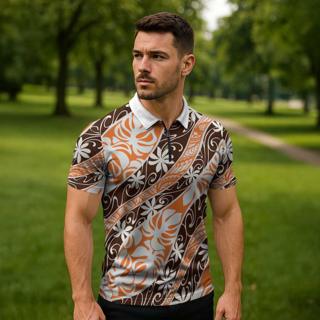 Puatou Tahiti Tiare Monstera Zipper Polo Shirt Polynesian Pattern Curve Style LT01 - Polynesian Pride