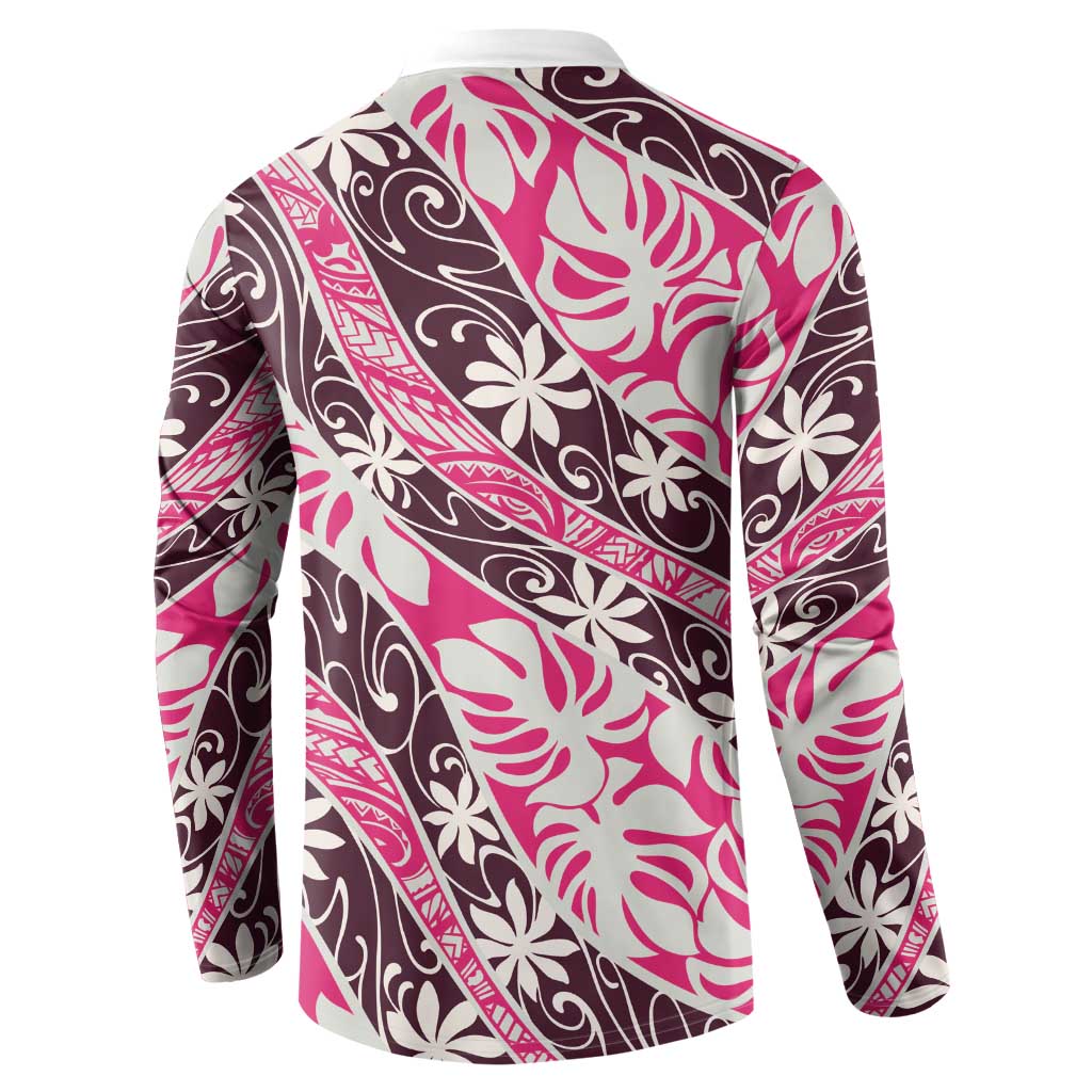 Tarona Tahiti Tiare Monstera Button Sweatshirt Polynesian Pattern Curve Style - Polynesian Pride