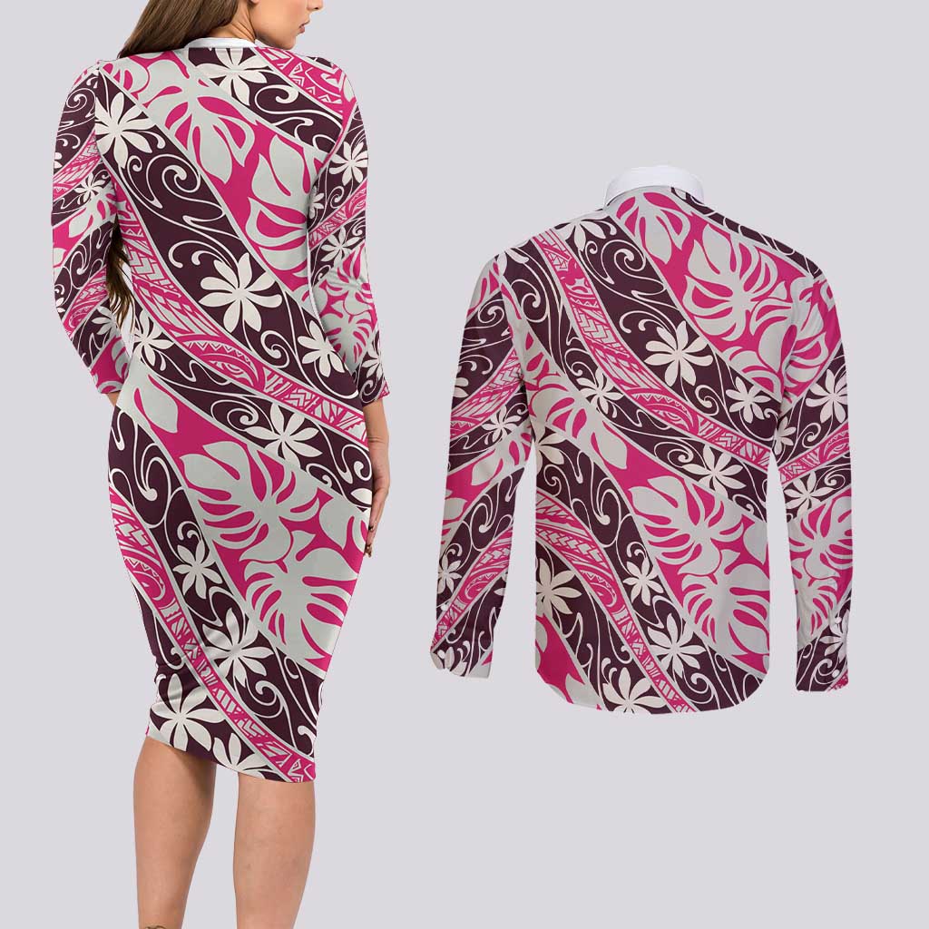 Tarona Tahiti Tiare Monstera Couples Matching Long Sleeve Bodycon Dress and Long Sleeve Button Shirt Polynesian Pattern Curve Style - Polynesian Pride
