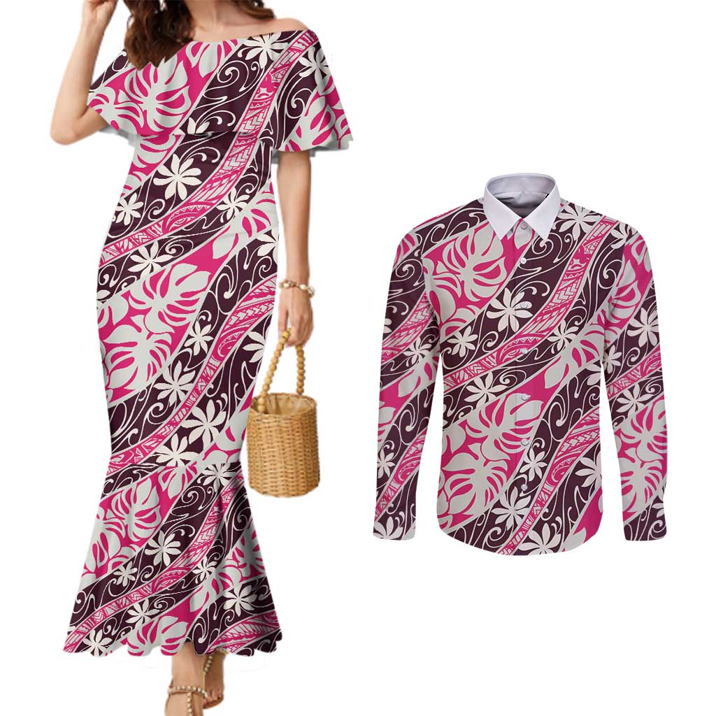 Tarona Tahiti Tiare Monstera Couples Matching Mermaid Dress and Long Sleeve Button Shirt Polynesian Pattern Curve Style LT01 Pink - Polynesian Pride