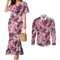 Tarona Tahiti Tiare Monstera Couples Matching Mermaid Dress and Long Sleeve Button Shirt Polynesian Pattern Curve Style LT01 Pink - Polynesian Pride