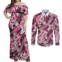 Tarona Tahiti Tiare Monstera Couples Matching Off Shoulder Maxi Dress and Long Sleeve Button Shirt Polynesian Pattern Curve Style LT01 Pink - Polynesian Pride