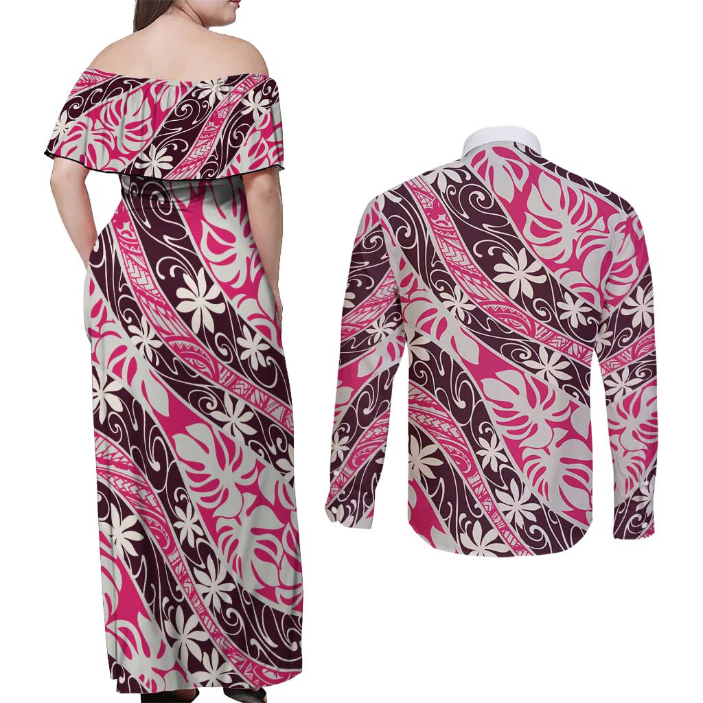 Tarona Tahiti Tiare Monstera Couples Matching Off Shoulder Maxi Dress and Long Sleeve Button Shirt Polynesian Pattern Curve Style LT01 - Polynesian Pride