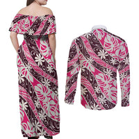 Tarona Tahiti Tiare Monstera Couples Matching Off Shoulder Maxi Dress and Long Sleeve Button Shirt Polynesian Pattern Curve Style LT01 - Polynesian Pride