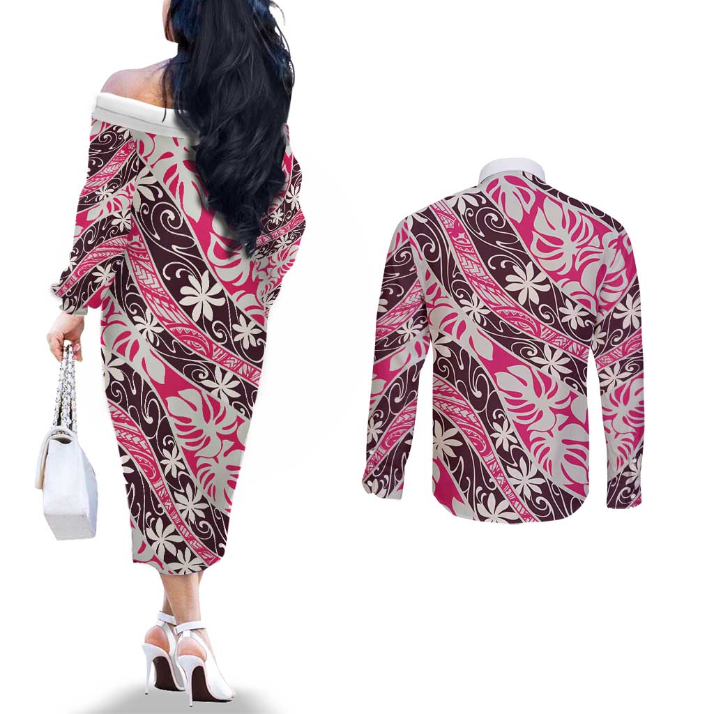 Tarona Tahiti Tiare Monstera Couples Matching Off The Shoulder Long Sleeve Dress and Long Sleeve Button Shirt Polynesian Pattern Curve Style - Polynesian Pride