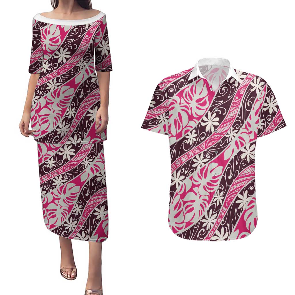Tarona Tahiti Tiare Monstera Couples Matching Puletasi and Hawaiian Shirt Polynesian Pattern Curve Style LT01 Pink - Polynesian Pride