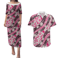 Tarona Tahiti Tiare Monstera Couples Matching Puletasi and Hawaiian Shirt Polynesian Pattern Curve Style LT01 Pink - Polynesian Pride