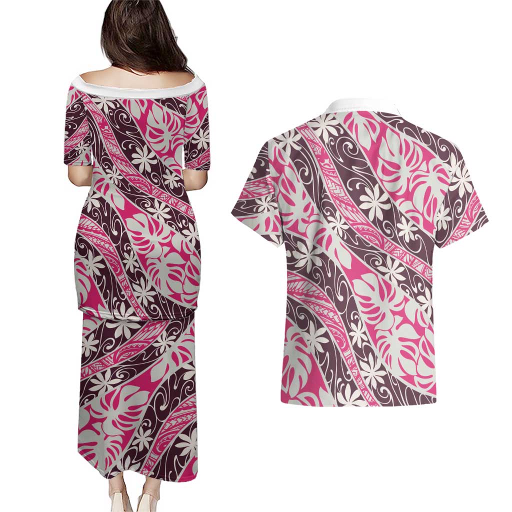 Tarona Tahiti Tiare Monstera Couples Matching Puletasi and Hawaiian Shirt Polynesian Pattern Curve Style LT01 - Polynesian Pride