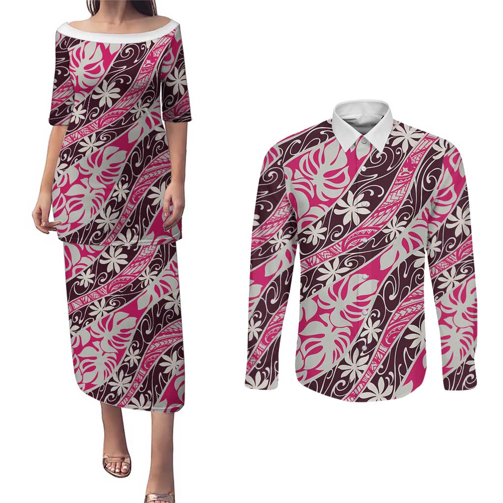 Tarona Tahiti Tiare Monstera Couples Matching Puletasi and Long Sleeve Button Shirt Polynesian Pattern Curve Style LT01 Pink - Polynesian Pride