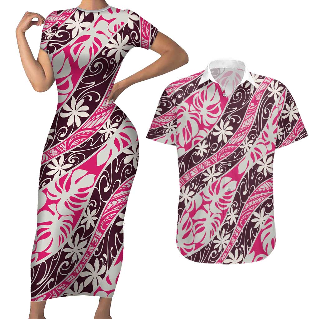 Tarona Tahiti Tiare Monstera Couples Matching Short Sleeve Bodycon Dress and Hawaiian Shirt Polynesian Pattern Curve Style - Polynesian Pride