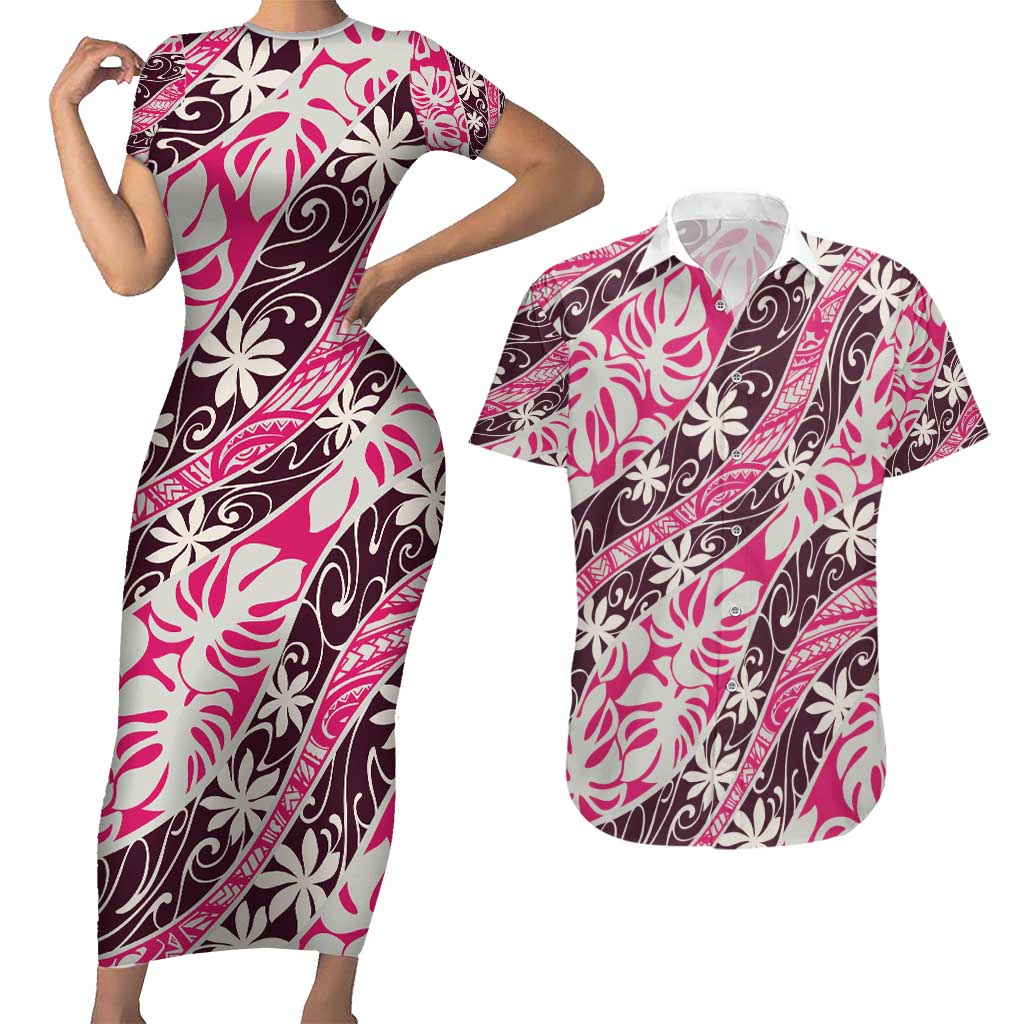 Tarona Tahiti Tiare Monstera Couples Matching Short Sleeve Bodycon Dress and Hawaiian Shirt Polynesian Pattern Curve Style - Polynesian Pride