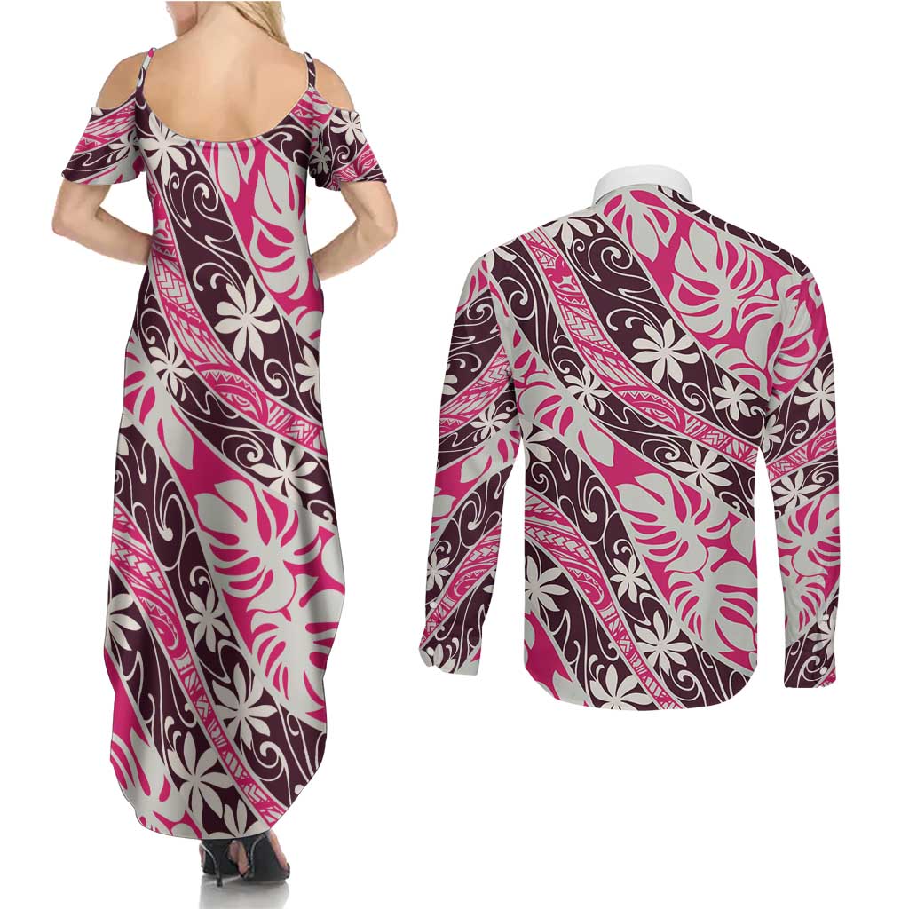 Tarona Tahiti Tiare Monstera Couples Matching Summer Maxi Dress and Long Sleeve Button Shirt Polynesian Pattern Curve Style - Polynesian Pride