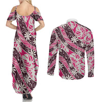 Tarona Tahiti Tiare Monstera Couples Matching Summer Maxi Dress and Long Sleeve Button Shirt Polynesian Pattern Curve Style - Polynesian Pride