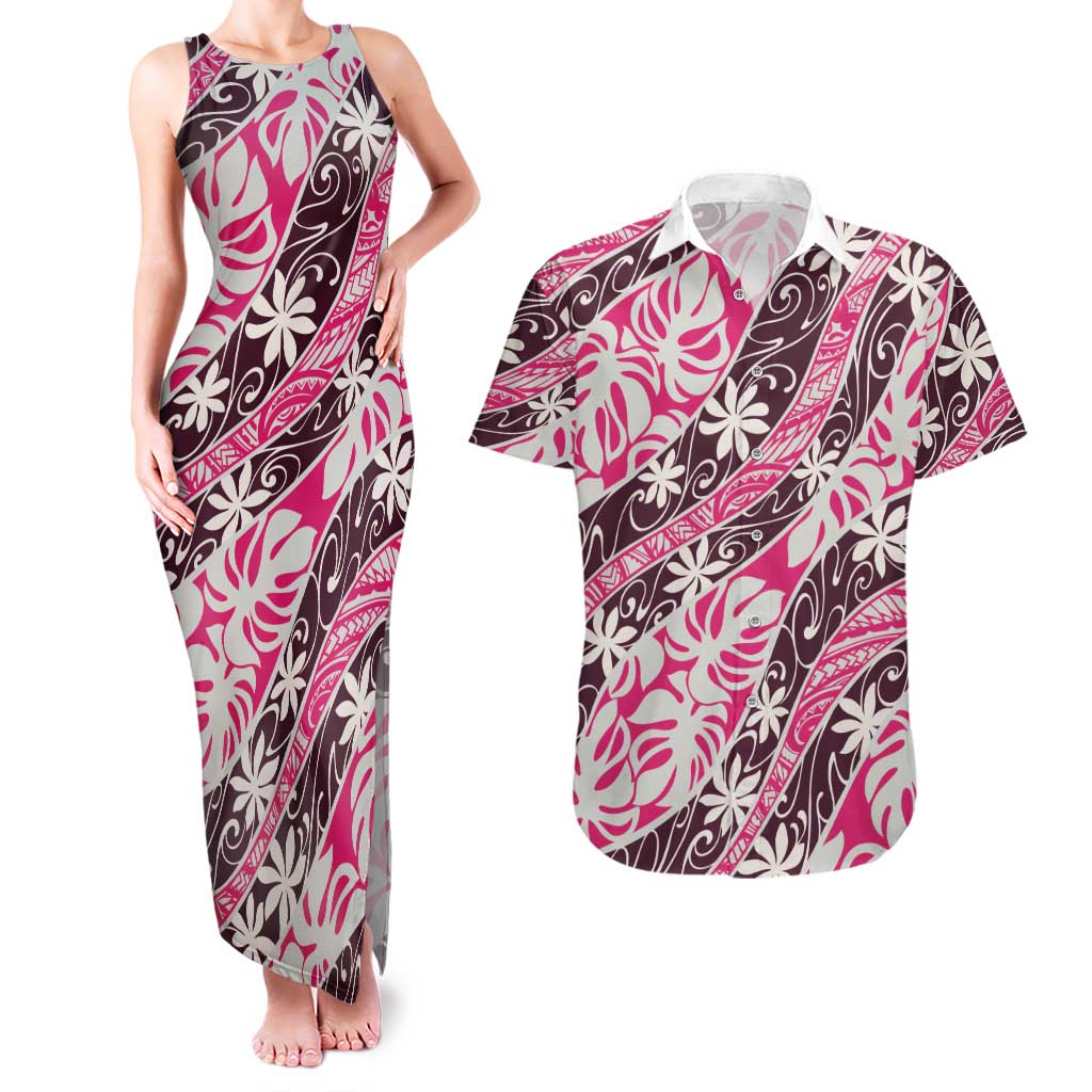 Tarona Tahiti Tiare Monstera Couples Matching Tank Maxi Dress and Hawaiian Shirt Polynesian Pattern Curve Style - Polynesian Pride