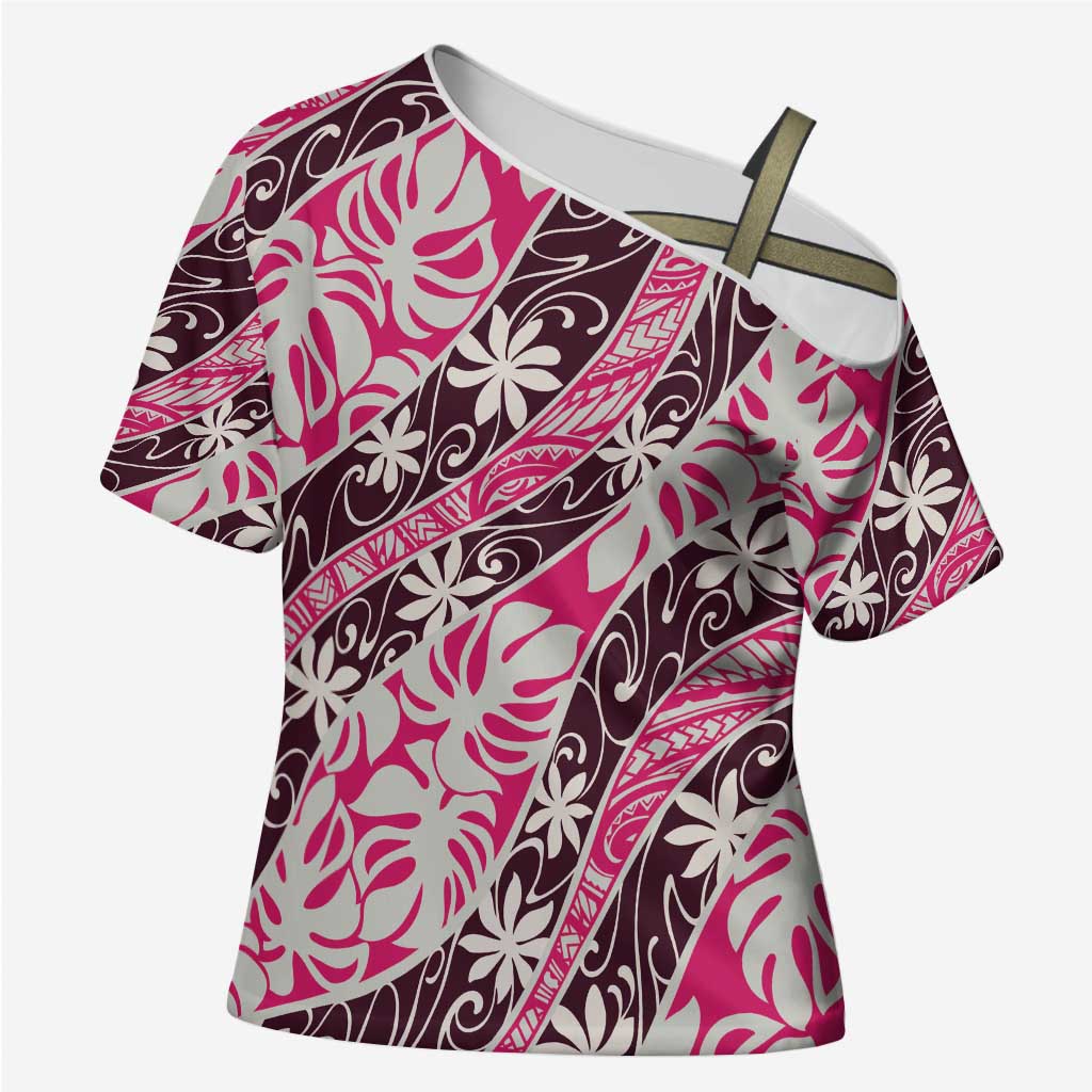 Tarona Tahiti Tiare Monstera Cross Shoulder Shirt Polynesian Pattern Curve Style - Polynesian Pride