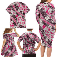 Tarona Tahiti Tiare Monstera Family Matching Long Sleeve Bodycon Dress and Hawaiian Shirt Polynesian Pattern Curve Style - Polynesian Pride