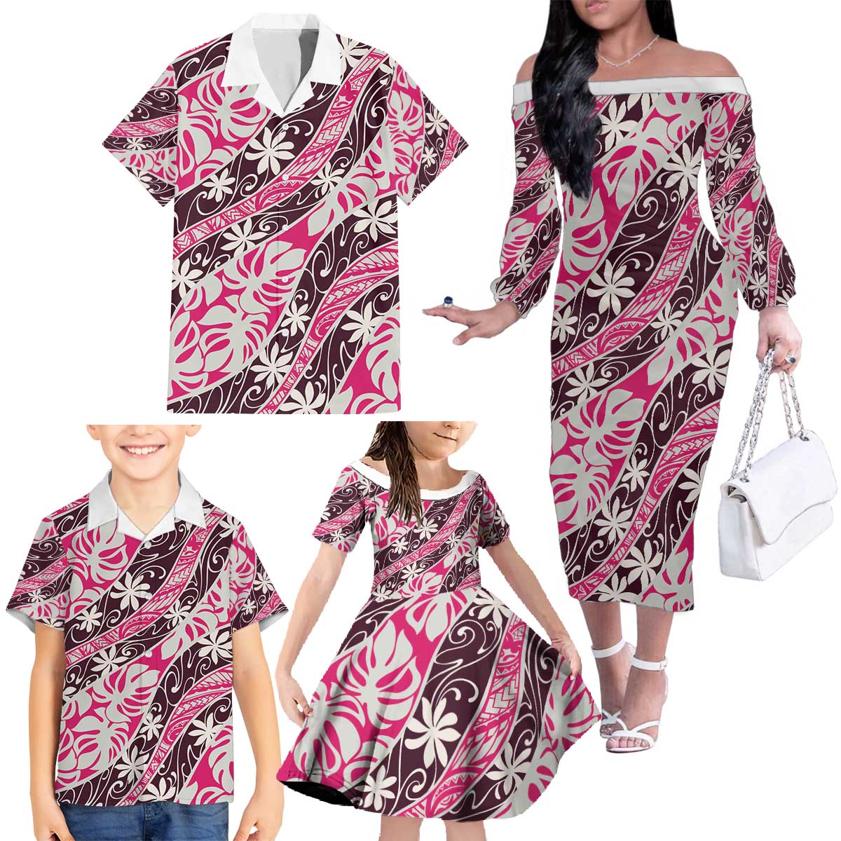 Tarona Tahiti Tiare Monstera Family Matching Off The Shoulder Long Sleeve Dress and Hawaiian Shirt Polynesian Pattern Curve Style - Polynesian Pride