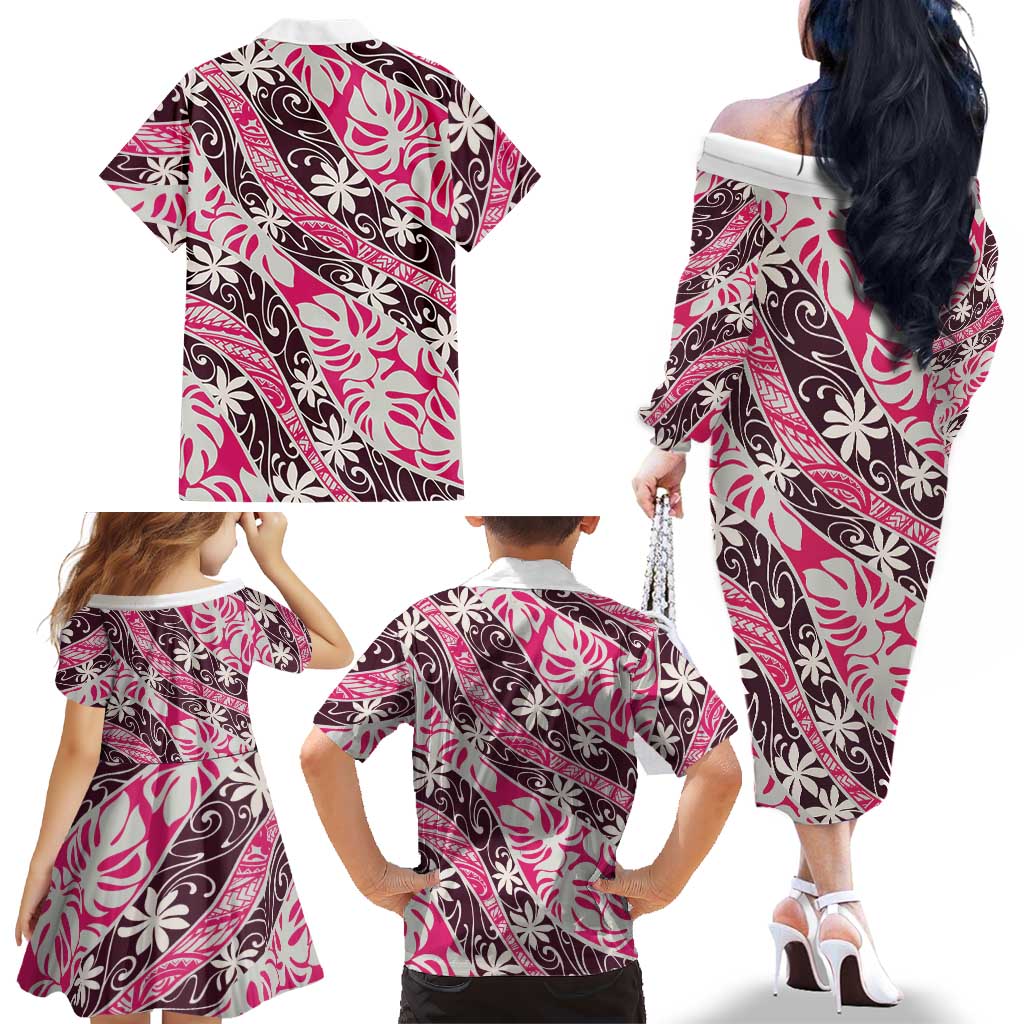 Tarona Tahiti Tiare Monstera Family Matching Off The Shoulder Long Sleeve Dress and Hawaiian Shirt Polynesian Pattern Curve Style - Polynesian Pride