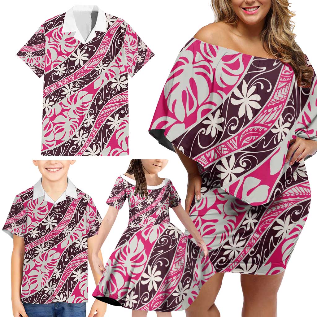 Tarona Tahiti Tiare Monstera Family Matching Off Shoulder Short Dress and Hawaiian Shirt Polynesian Pattern Curve Style - Polynesian Pride