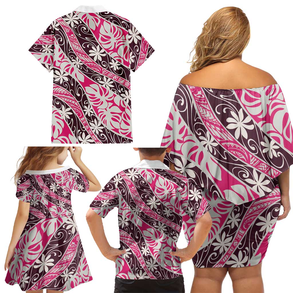 Tarona Tahiti Tiare Monstera Family Matching Off Shoulder Short Dress and Hawaiian Shirt Polynesian Pattern Curve Style - Polynesian Pride