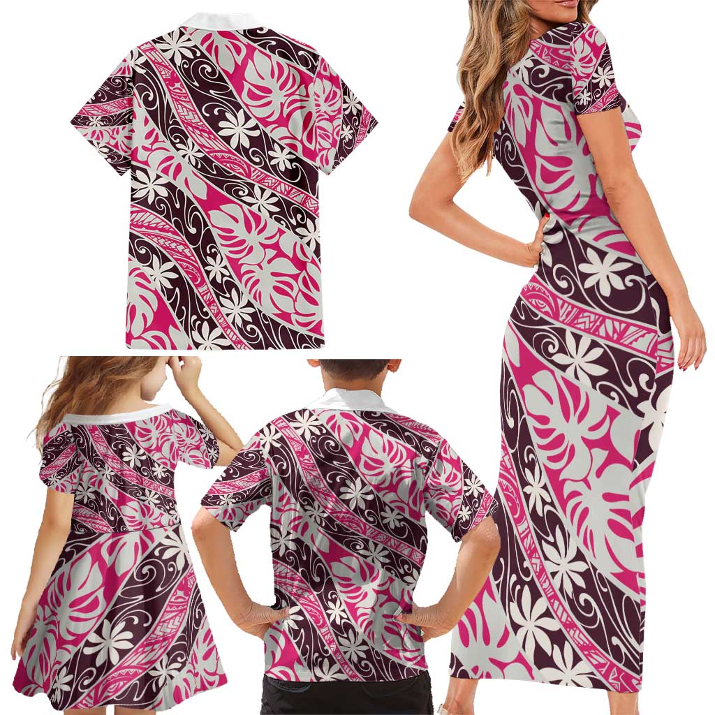Tarona Tahiti Tiare Monstera Family Matching Short Sleeve Bodycon Dress and Hawaiian Shirt Polynesian Pattern Curve Style - Polynesian Pride