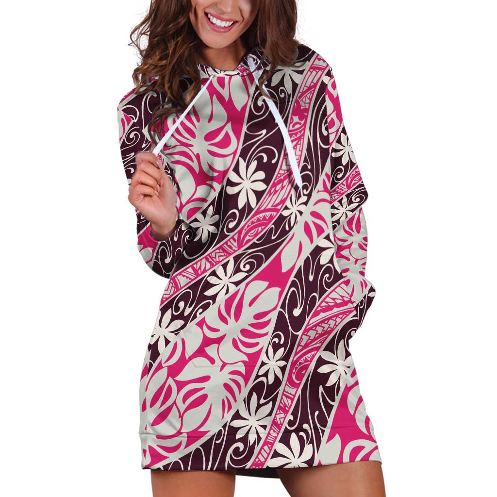 Tarona Tahiti Tiare Monstera Hoodie Dress Polynesian Pattern Curve Style - Polynesian Pride