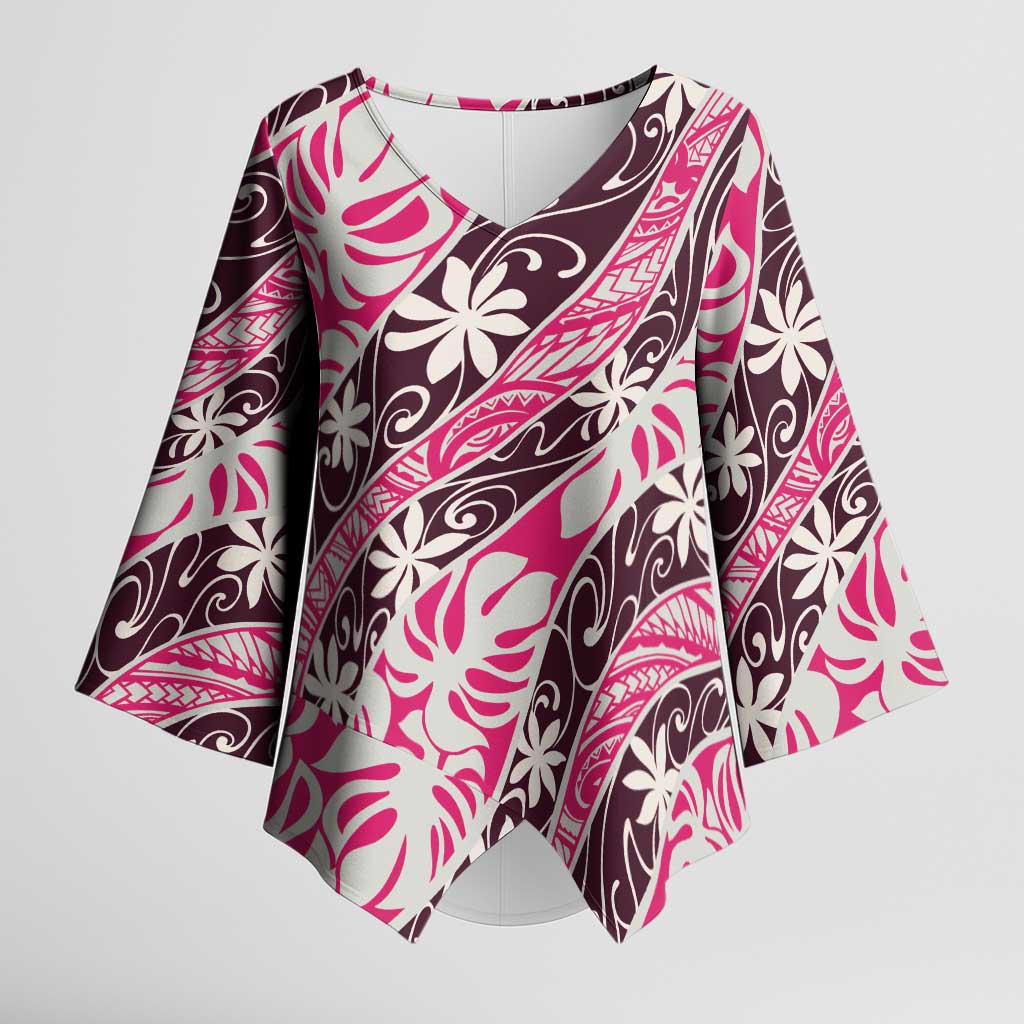 Tarona Tahiti Tiare Monstera Kimono Sleeve Blouse Polynesian Pattern Curve Style - Polynesian Pride