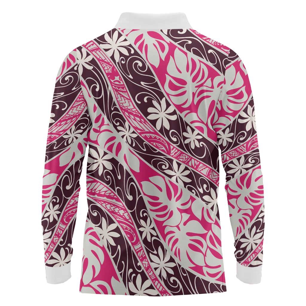 Tarona Tahiti Tiare Monstera Long Sleeve Polo Shirt Polynesian Pattern Curve Style - Polynesian Pride