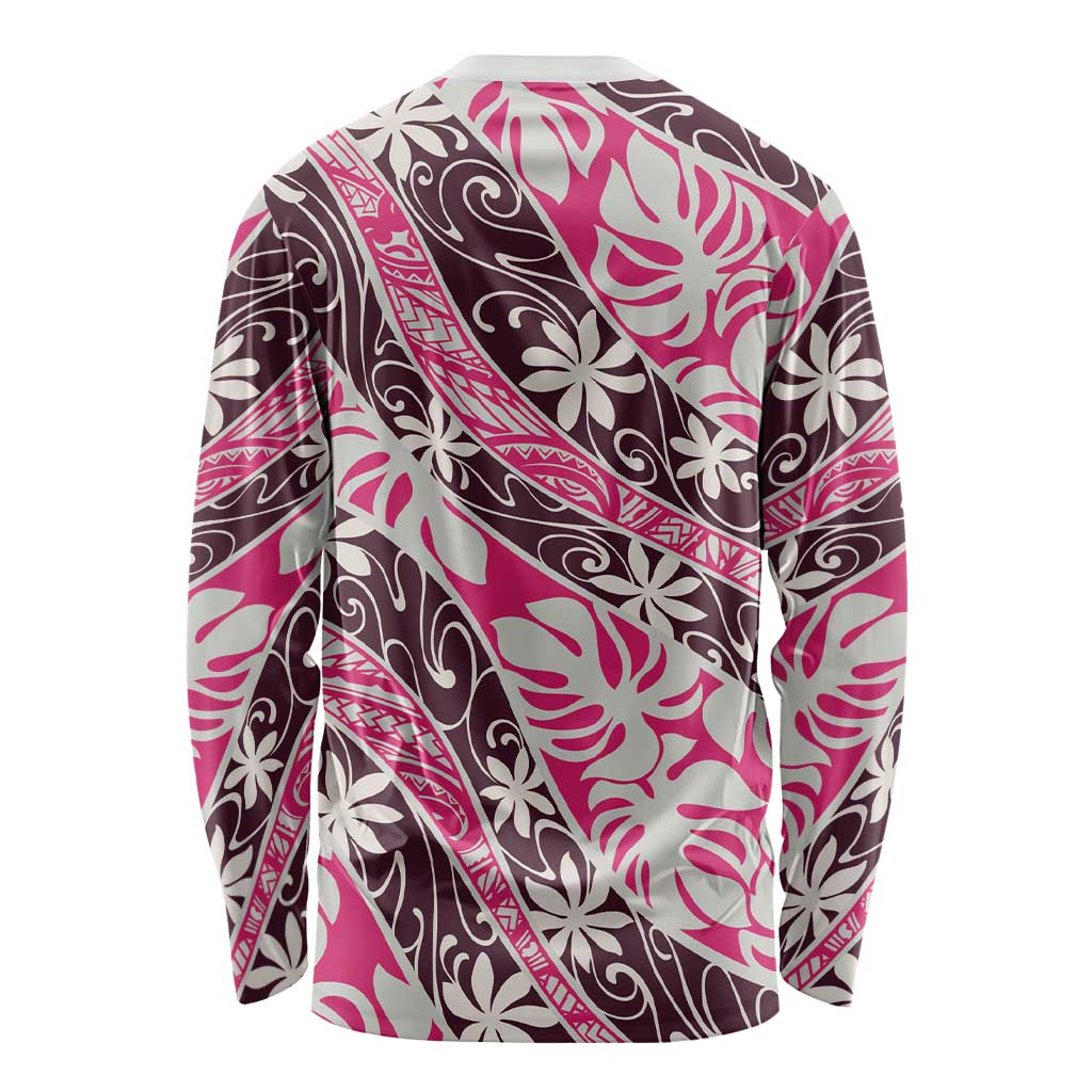 Tarona Tahiti Tiare Monstera Long Sleeve Shirt Polynesian Pattern Curve Style - Polynesian Pride